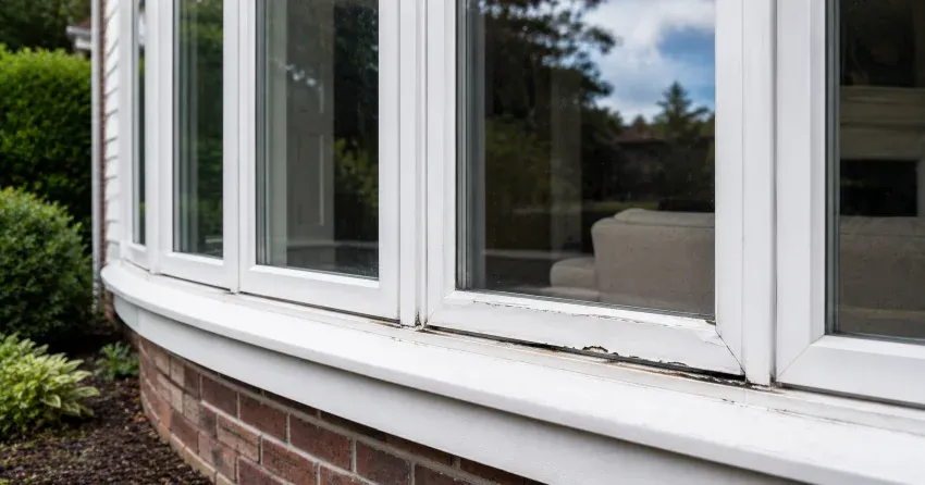 technician inspecting bow window frame and seal for damage in Angus