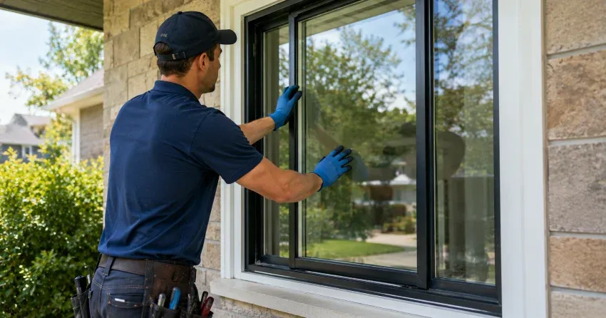 technician measuring a broken window pane for replacement in Riverlea, Angus