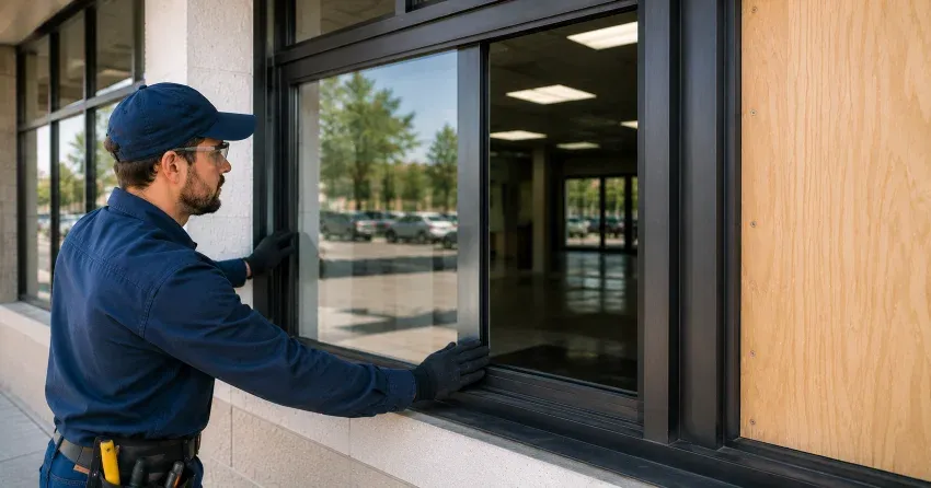 technician boarding a broken window after a break-in in Angus