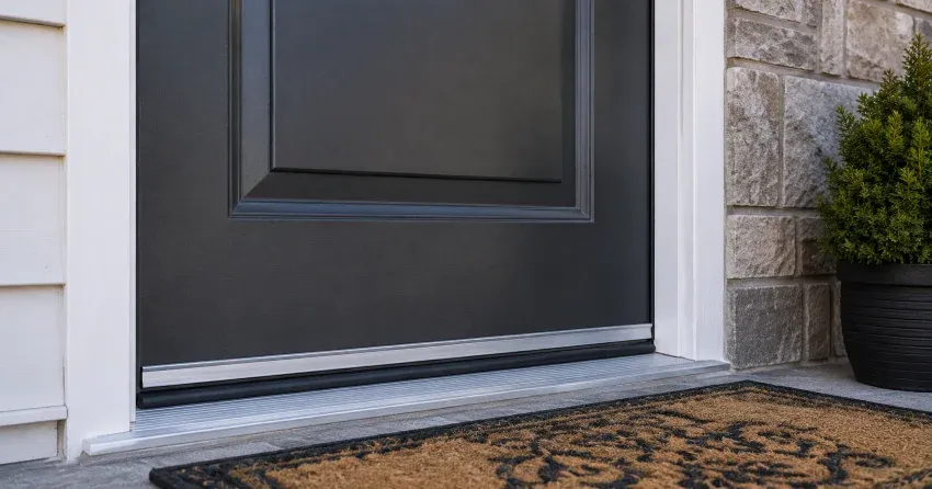 technician replacing worn door weatherstripping in Angus home
