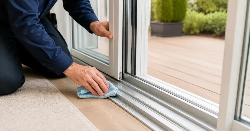 technician inspecting a sliding patio door track in Angus