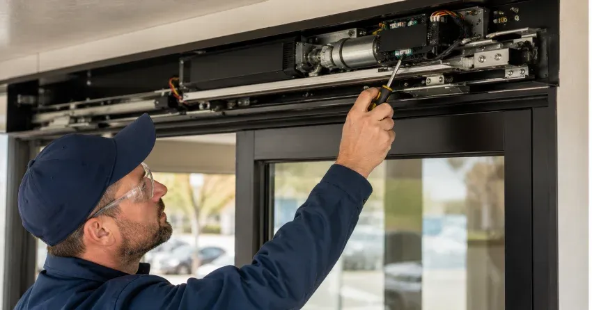 technician completing automatic door repair on residential property in Angus