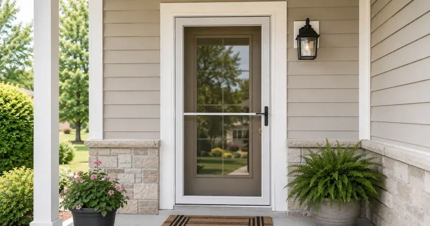 technician hanging storm door square and plumb in Woodland Creeks, Angus