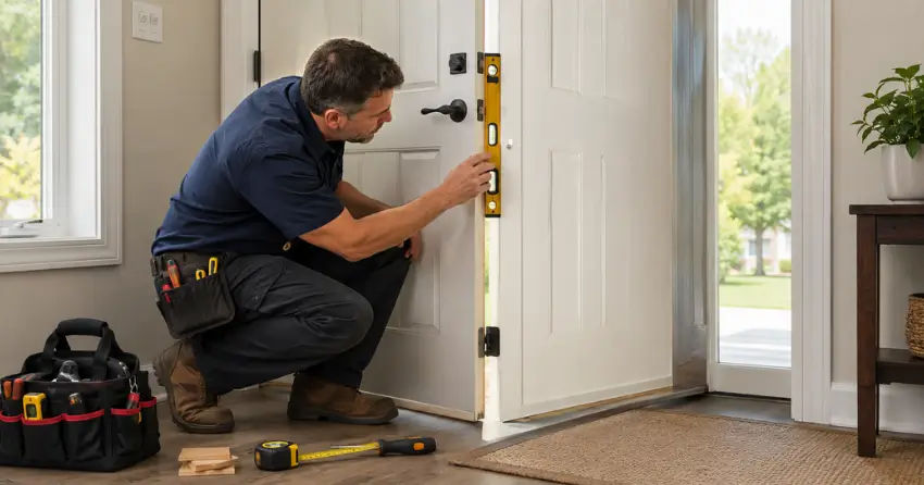 technician diagnosing a misaligned door frame in Angus