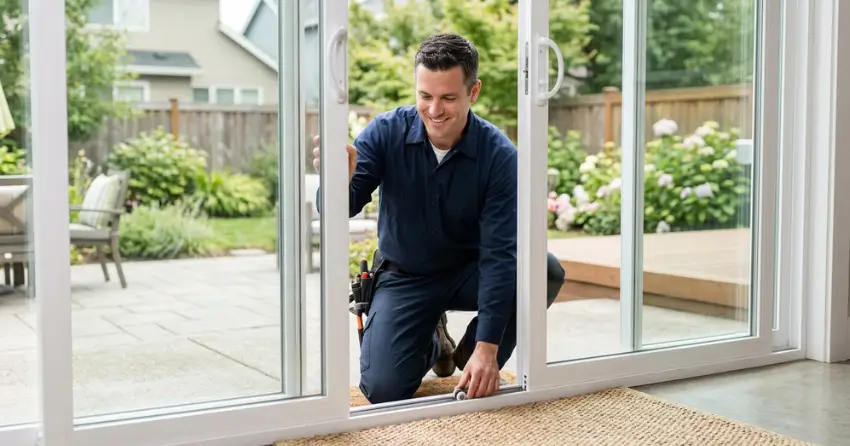 technician diagnosing a sticking patio door in Angus