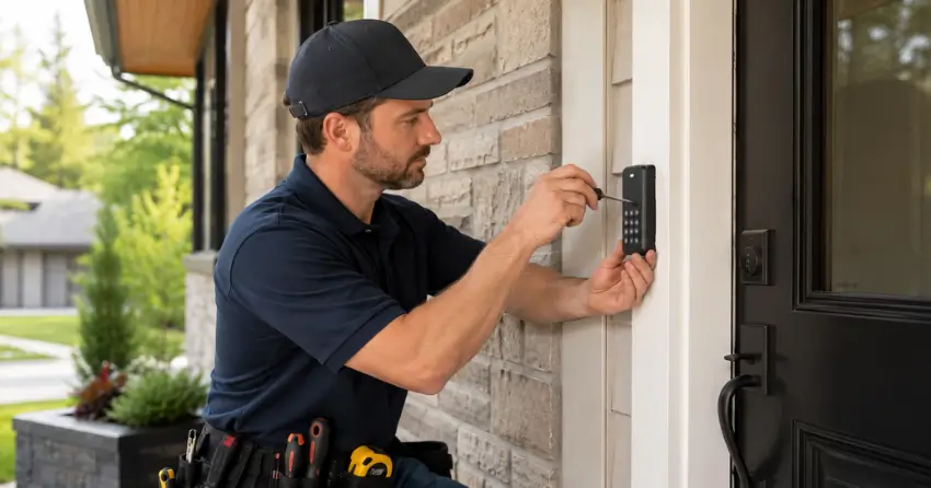 Technician installing an access control system keypad beside a residential front door in Angus