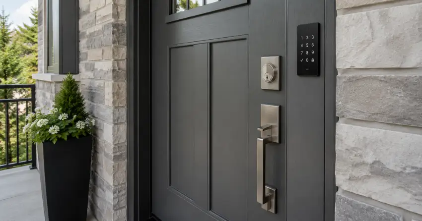 High-security door hardware and access control keypad installed on a residential entry door in Woodland Creeks, Angus
