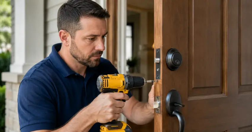 technician installing a new deadbolt during Change Door Lock Angus service