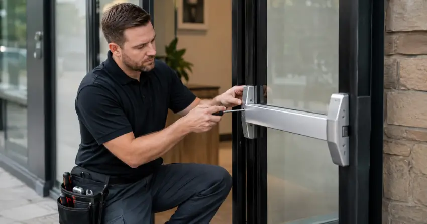 commercial locksmith repairing exit device on storefront door Angus