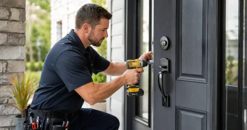 locksmith installing deadbolt lock on exterior door in Angus