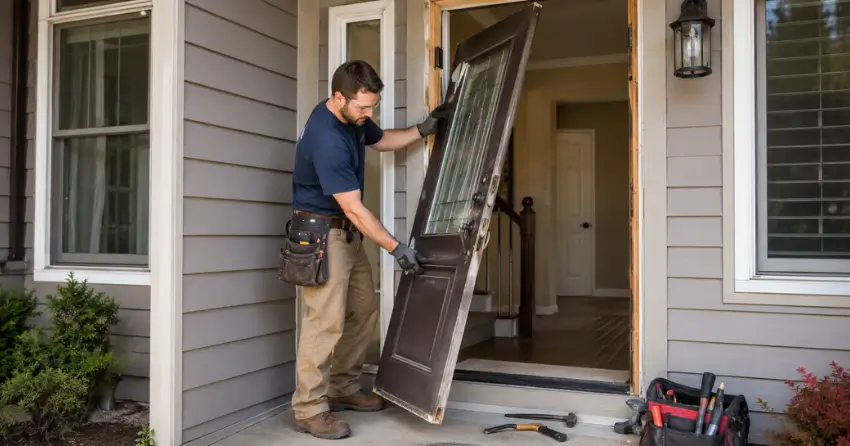 old exterior door being removed for replacement in Angus