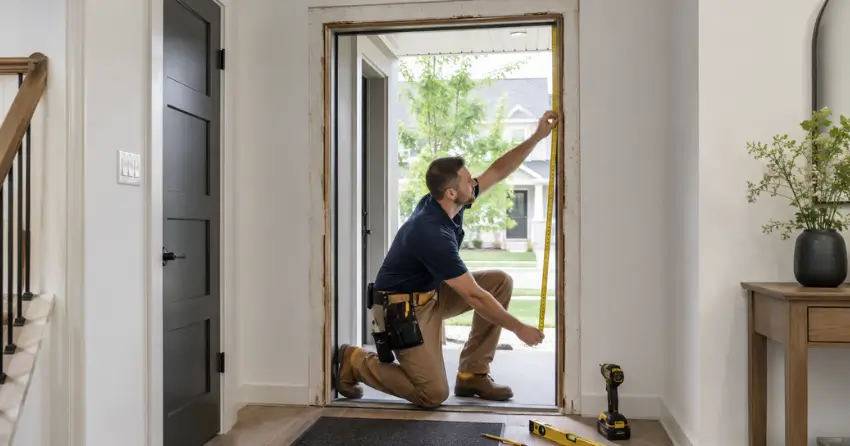 technician measuring a door frame before new door installation in Pine River, Angus