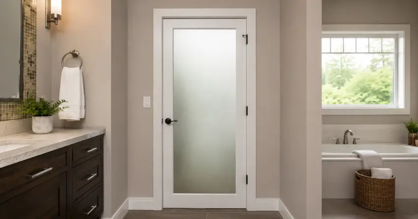 frosted glass panel bathroom door installed in a Angus home