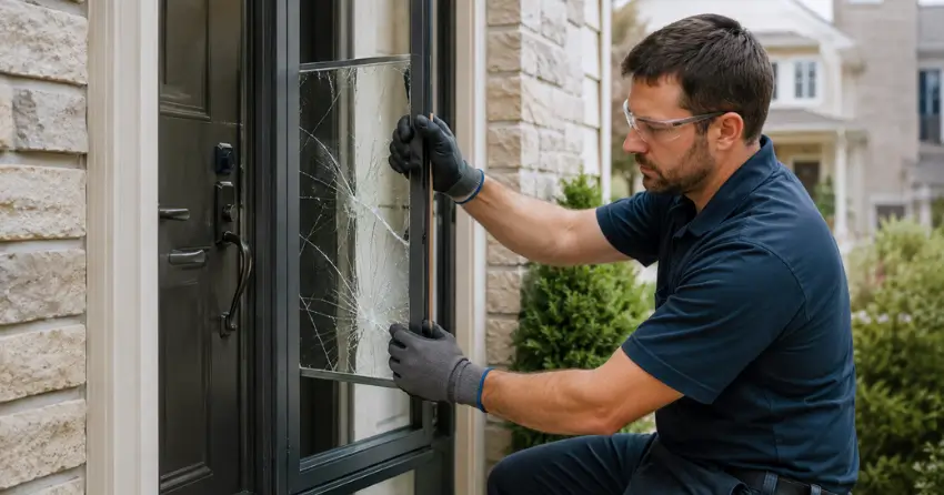 technician removing cracked storm door glass panel in Angus
