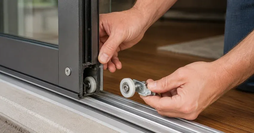 sliding door alignment Angus technician adjusting roller track