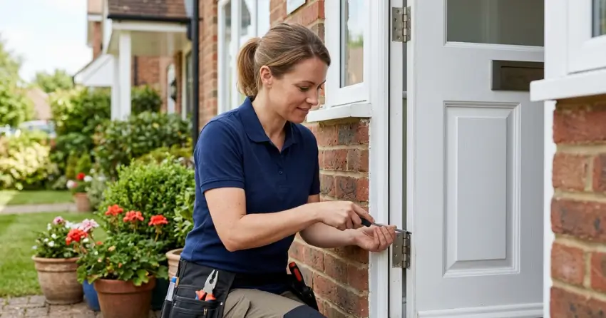 technician repairing exterior door hinge and frame in Pine River, Angus