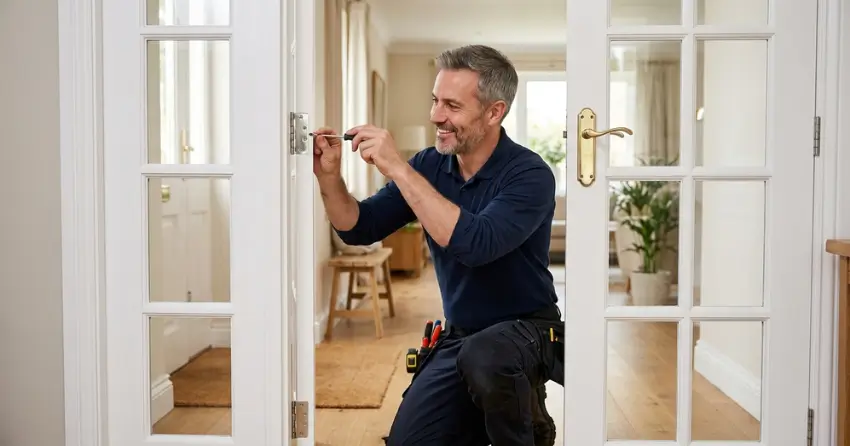 technician adjusting French door hinge for proper alignment in Pine River South, Angus