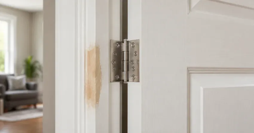 technician checking a warped door against a straightedge in Angus