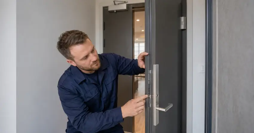 technician inspecting fire-rated door seal and hardware in Angus