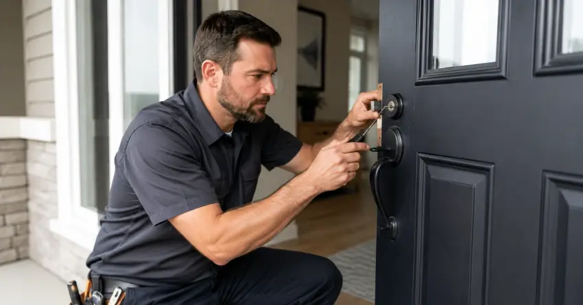 licensed locksmith technician working on residential deadbolt in Angus