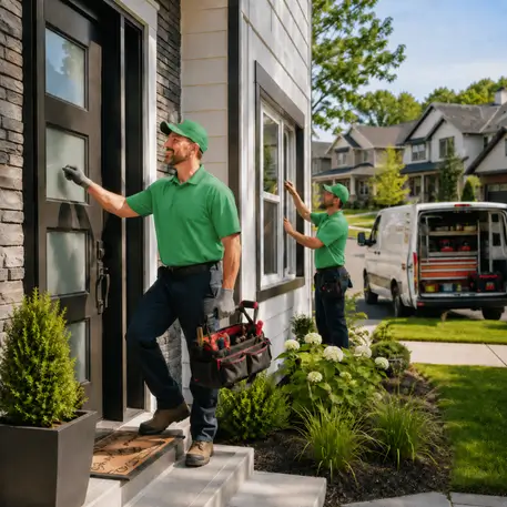 Technicians arriving at homes and working on entry doors, patio doors and windows across the areas we serve